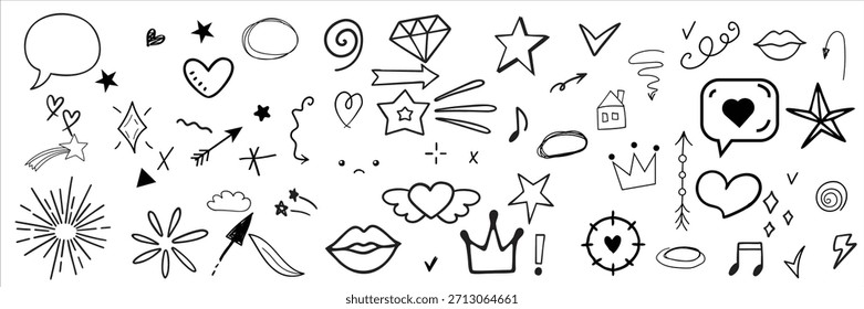 Elemento de seta de linha de esboço, estrela, forma do coração. Círculo de estilo de esboço desenhado à mão. Seta, estrela, decoração de pincel de coração. Ilustração vetorial