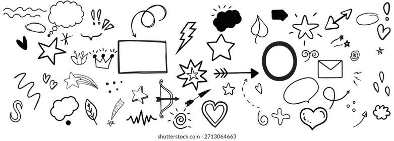 Elemento de seta de linha de esboço, estrela, forma do coração. Círculo de estilo de esboço desenhado à mão. Seta, estrela, decoração de pincel de coração. Ilustração vetorial