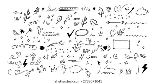 Sketch line arrow element, star, heart shape. Hand drawn doodle sketch style circle, cloud speech bubble grunge element set. Arrow, star, heart brush decoration. Vector illustration