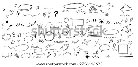 Sketch line arrow element, star, heart shape. Hand drawn doodle sketch style circle, cloud speech bubble grunge element set. Arrow, star, heart brush decoration. Vector illustration