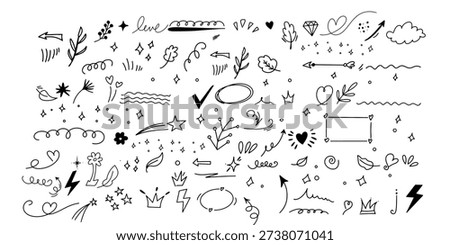 Sketch line arrow element, star, heart shape. Hand drawn doodle sketch style circle, cloud speech bubble grunge element set. Arrow, star, heart brush decoration. Vector illustration