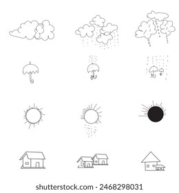  Sketch line arrow umbrella, rain , cloud, sun burst, effect surprise elements sketch come splash and sing.