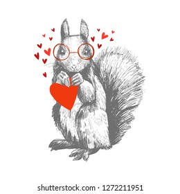 Sketch line art drawing of hipster squirrel in love with glases and hearts. Hand drawing sketch ink isolated. Postcard conept