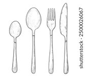 Sketch Line Art Fork, Knife, and Spoon. cutlery set sketch