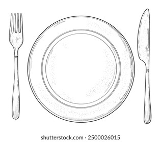 Sketch Line Art Fork, Knife, and Spoon, Plate. cutlery set sketch