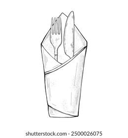 Sketch Line Art Fork, Knife, and Spoon, Napkin. cutlery set sketch