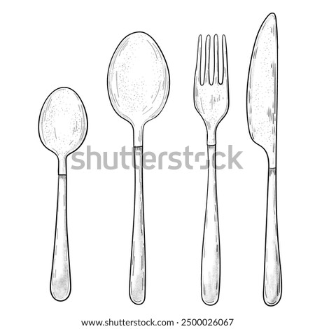 Sketch Line Art Fork, Knife, and Spoon. cutlery set sketch