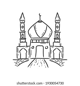 Sketch and line art mosque with river design illustration vector