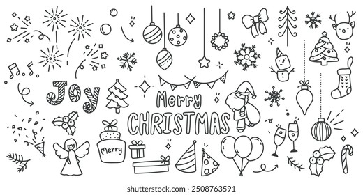 sketch arte de línea de Navidades ornamentales alegres y feliz año Nuevo. Ilustraciones vectoriales para el fondo, tarjeta de felicitación, Días festivos felices, saludo de la temporada
