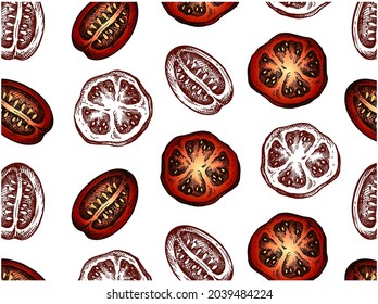 Esbozar el patrón artístico de línea con tomates rojos aislados en fondo blanco. Esbozo de comida de dibujo, fruta fresca, verdura, vegetariana, vegetariana. Papel tapiz para empaque de salsa de tomate. Ilustración vectorial.
