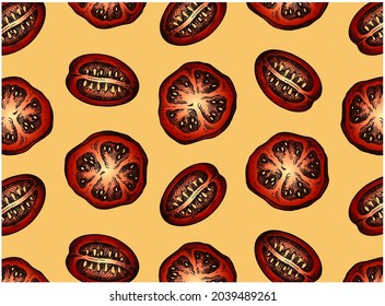 Sketch line art pattern with red tomatoes isolated on yellow background. Outline drawing food, ketchup, fruit, vegetable, vegan, vegetarian. Wallpaper for tomato pasta packaging. Vector illustration.