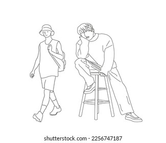 Sketch line art of people men, Hand drawn vector illustration, Black and white.