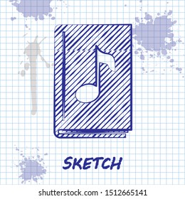 Sketch line Audio book icon isolated on white background. Musical note with book. Audio guide sign. Online learning concept.  Vector Illustration