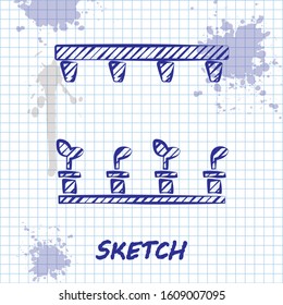 Sketch line Automatic irrigation sprinklers icon isolated on white background. Watering equipment. Garden element. Spray gun icon.  Vector Illustration