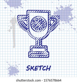 Sketch line Award cup with basketball ball icon isolated on white background. Winner trophy symbol. Championship or competition trophy.  Vector Illustration