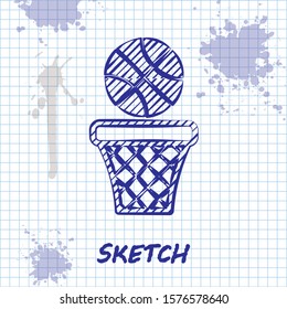 Sketch line Basketball ball and basket icon isolated on white background. Ball in basketball hoop.  Vector Illustration