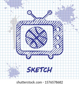 Sketch line Basketball match on tv program icon isolated on white background.  Vector Illustration