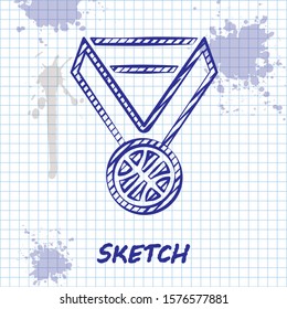 Sketch line Basketball medal with ribbon icon isolated on white background.  Vector Illustration