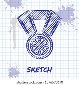 Sketch line Basketball medal with ribbon icon isolated on white background.  Vector Illustration