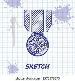 Sketch line Basketball medal with ribbon icon isolated on white background.  Vector Illustration