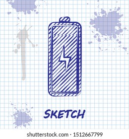 Sketch line Battery icon isolated on white background. Lightning bolt symbol.  Vector Illustration
