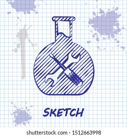 Sketch line Bioengineering with screwdriver and wrench icon isolated on white background. Adjusting, service, setting, maintenance, repair, fixing.  Vector Illustration