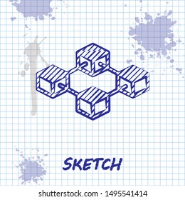Sketch line Blockchain technology icon isolated on white background. Cryptocurrency data. Abstract geometric block chain network technology business.  Vector Illustration