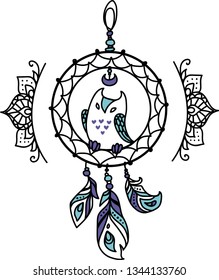 Sketch and line in boho stile. Vector hand drawn isolated illustration of dreamcatcher with owl.
Black and white.