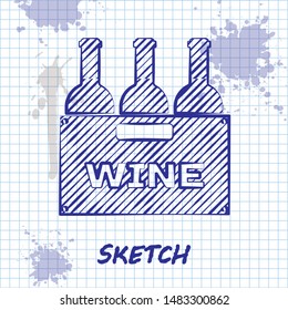 Sketch line Bottles of wine in a wooden box icon isolated on white background. Wine bottles in a wooden crate icon.  Vector Illustration