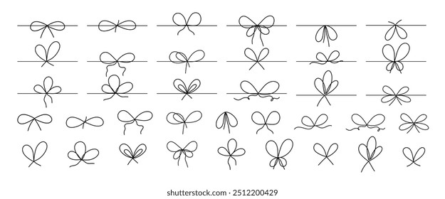Sketch line bows. Hand drawn ribbon. Doodle simple gift wrap bows. Design elements for invitation, gift wrapping, present box, stationery, web design, branding material, vector set.