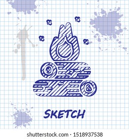 Sketch line Campfire icon isolated on white background. Burning bonfire with wood.  Vector Illustration