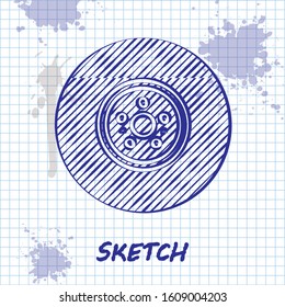 Sketch line Car brake disk icon isolated on white background.  Vector Illustration