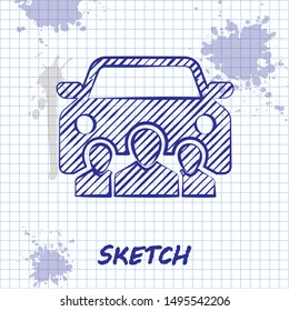 Sketch line Car sharing with group of people icon isolated on white background. Carsharing sign. Transport renting service concept.  Vector Illustration