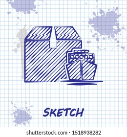 Sketch line Cargo ship with boxes delivery service icon isolated on white background. Delivery, transportation. Freighter with parcels, boxes, goods.  Vector Illustration