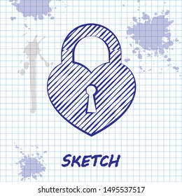Sketch line Castle in the shape of a heart icon isolated on white background. Locked Heart. Love symbol and keyhole sign.  Vector Illustration