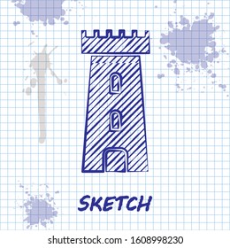 Sketch line Castle tower icon isolated on white background. Fortress sign.  Vector Illustration
