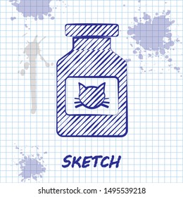Sketch line Cat medicine bottle icon isolated on white background. Container with pills. Prescription medicine for animal.  Vector Illustration