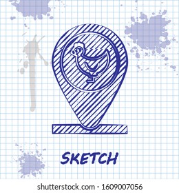 Sketch line Chicken farm and location icon isolated on white background.  Vector Illustration