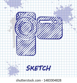 Sketch line Cinema camera icon isolated on white background. Video camera. Movie sign. Film projector.  Vector Illustration