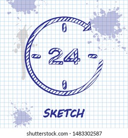 Sketch line Clock 24 hours icon isolated on white background. All day cyclic icon. 24 hours service symbol. Vector Illustration Sketch line Clock 24 hours icon isolated on white background. All day cyclic icon. 24 hours service symbol. Vector Illustration