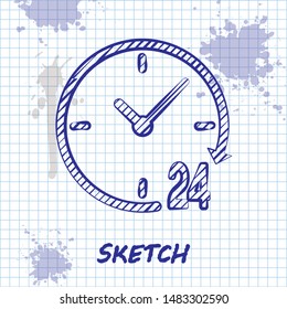 Sketch line Clock 24 hours icon isolated on white background. All day cyclic icon. 24 hours service symbol.  Vector Illustration
