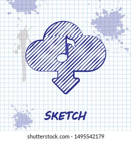 Sketch line Cloud download music icon isolated on white background. Music streaming service, sound cloud computing, online media streaming, audio wave.  Vector Illustration