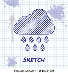 Sketch line Cloud with rain icon isolated on white background. Rain cloud precipitation with rain drops.  Vector Illustration
