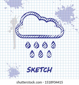 Sketch line Cloud with rain icon isolated on white background. Rain cloud precipitation with rain drops.  Vector Illustration