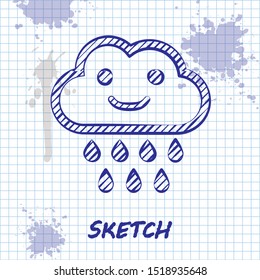 Sketch line Cloud with rain icon isolated on white background. Rain cloud precipitation with rain drops.  Vector Illustration