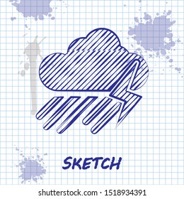 Sketch line Cloud with rain and lightning icon isolated on white background. Rain cloud precipitation with rain drops.Weather icon of storm.  Vector Illustration