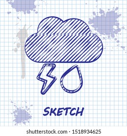 Sketch line Cloud with rain and lightning icon isolated on white background. Rain cloud precipitation with rain drops.Weather icon of storm.  Vector Illustration