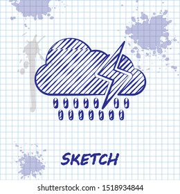 Sketch line Cloud with rain and lightning icon isolated on white background. Rain cloud precipitation with rain drops.Weather icon of storm.  Vector Illustration