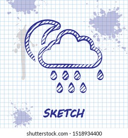 Sketch line Cloud with rain and moon icon isolated on white background. Rain cloud precipitation with rain drops.  Vector Illustration