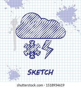 Sketch line Cloud with snow and lightning icon isolated on white background. Cloud with snowflakes. Single weather icon. Snowing sign.  Vector Illustration